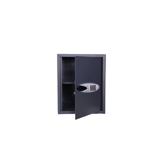 open electronic wall safe with digital keypad and inner shelf on white background