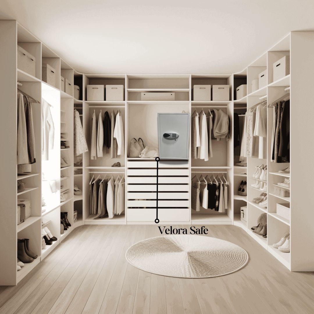 Spacious modern walk-in closet with organized shelves, clothes racks, shoes, and a wall-mounted gray Velora safe