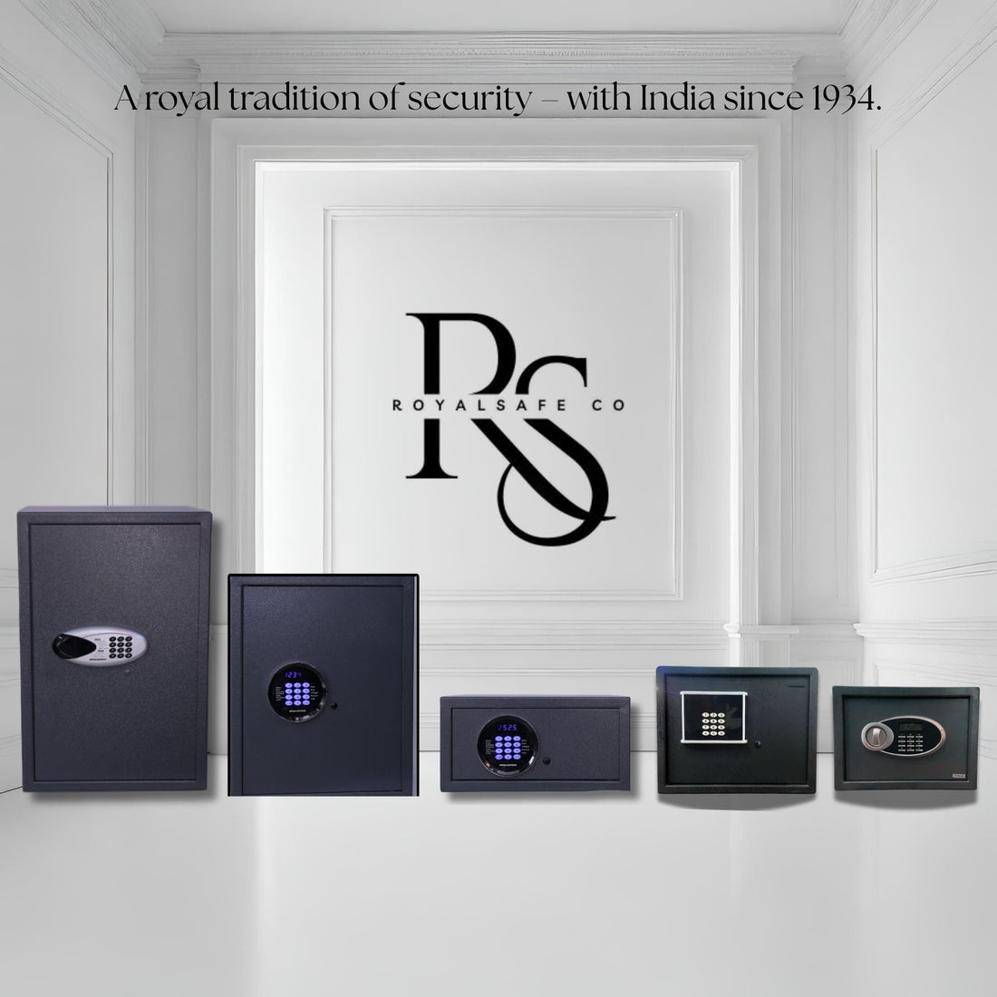 Five black electronic safes displayed in elegant white room with Royalsafe Co logo and security tradition text