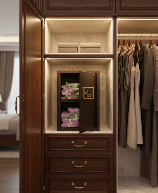 Open safe filled with stacked cash inside wooden wardrobe with hanging clothes and drawers