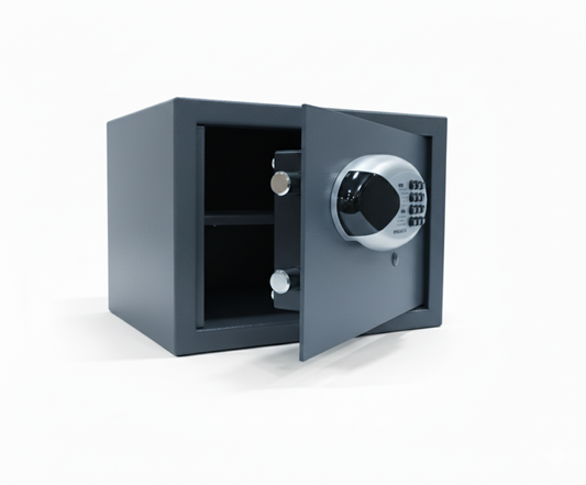 Grey digital safe with electronic keypad door open revealing empty shelf inside on white background