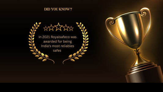 Golden trophy on dark background with text about Royalsafeco awarded India's most reliable safes in 2021