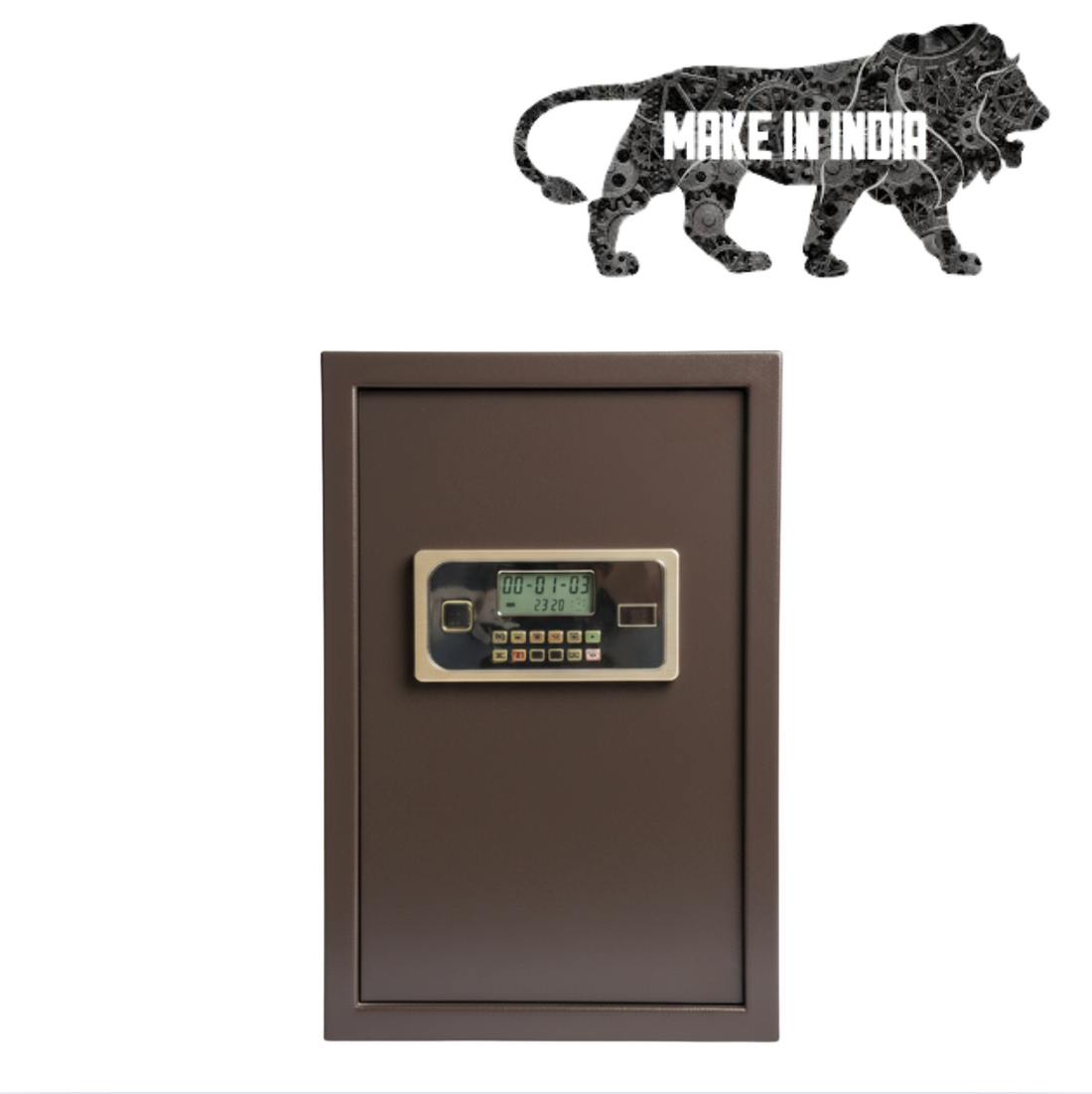 Brown home cash locker with digital keypad and display, Make in India lion logo above