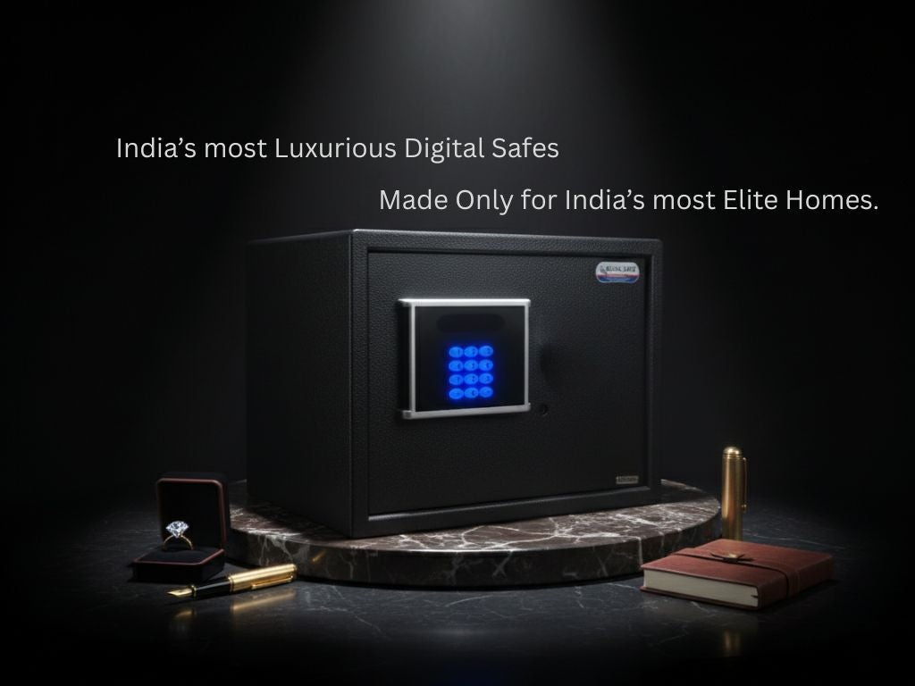 Luxury digital safe with illuminated keypad on marble platform, diamond ring box, pen, notebook in dark setting