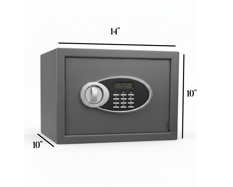 Gray electronic safe box with keypad and handle, dimensions 14x10x10 inches, on white background