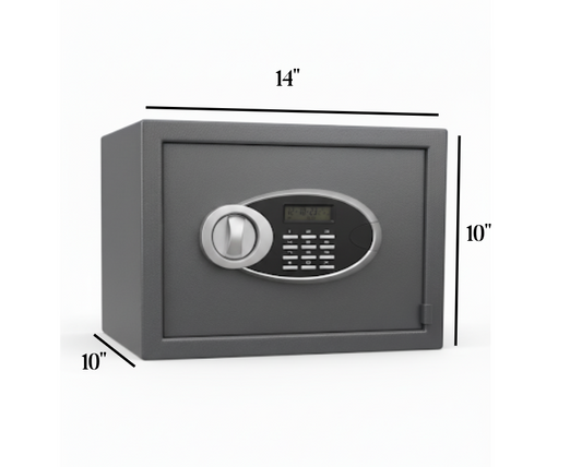 Gray electronic safe box with keypad and handle, dimensions 14x10x10 inches, on white background
