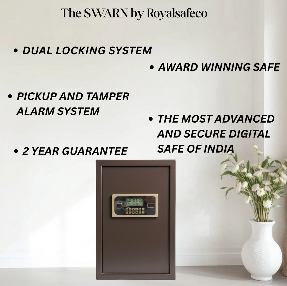 Royal Safeco SWARN digital safe with dual locking and tamper alarm, featured in modern room with white wall and vase