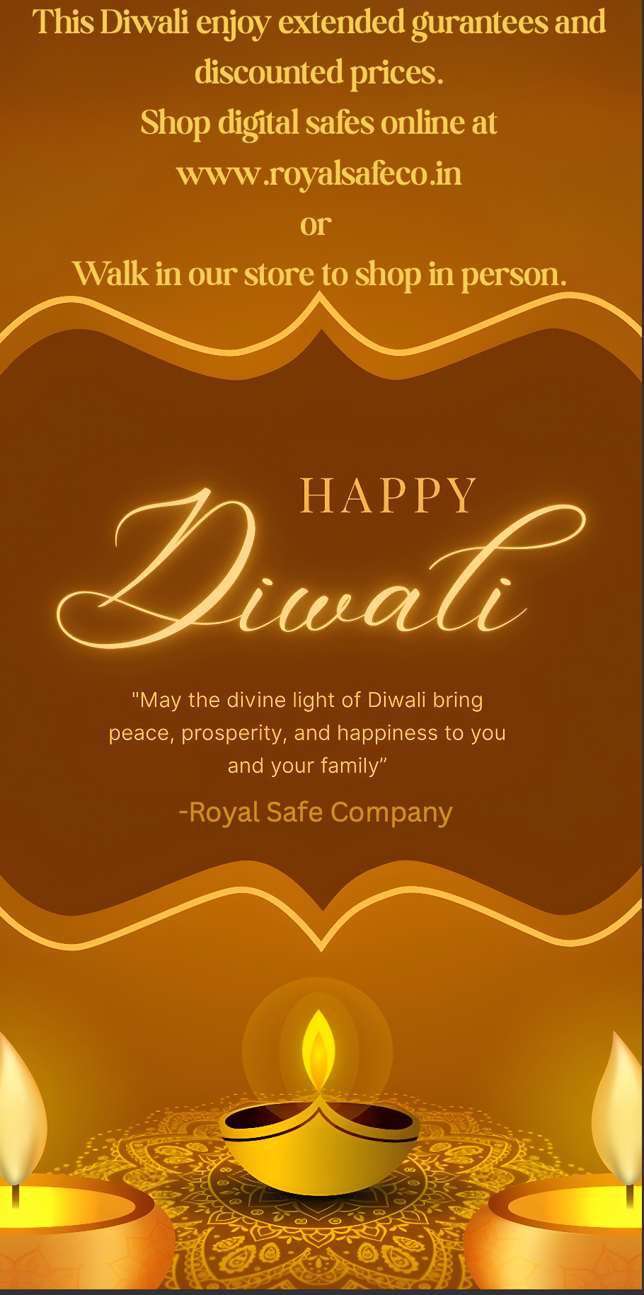 Festive Diwali greeting with glowing candles, decorative patterns, and Royal Safe Company branding