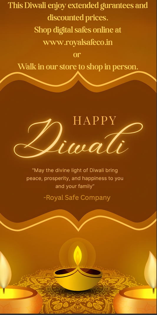 Festive Diwali greeting with glowing candles, decorative patterns, and Royal Safe Company branding