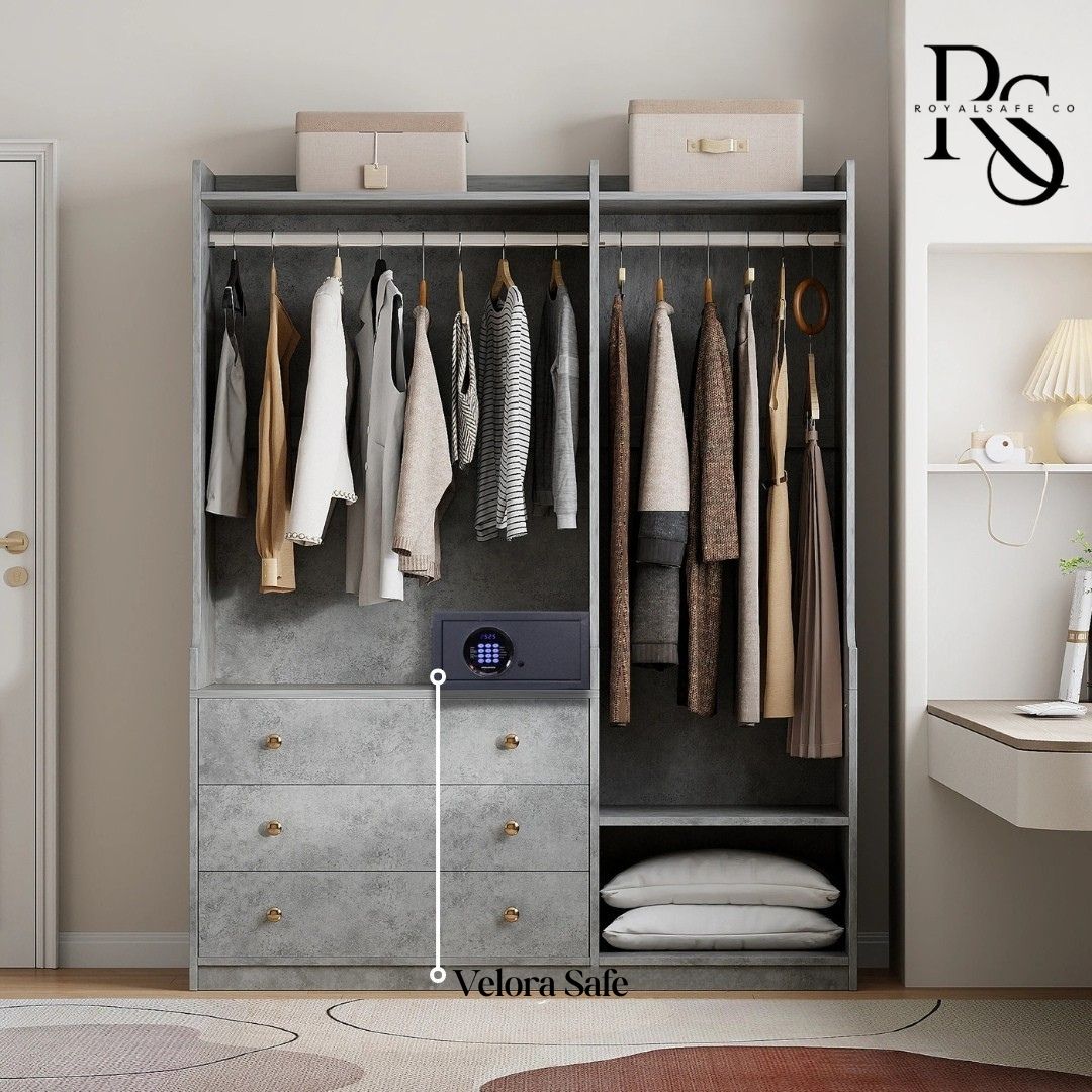 Modern closet with hanging clothes, shelves, drawers, and a Velora digital safe inside