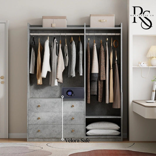 Modern closet with hanging clothes, shelves, drawers, and a Velora digital safe inside