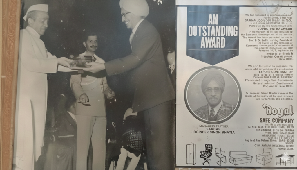 Black and white photo of award ceremony with Sardar Joginder Singh Bhatia for Royal Safe Company, featuring certificate and portrait