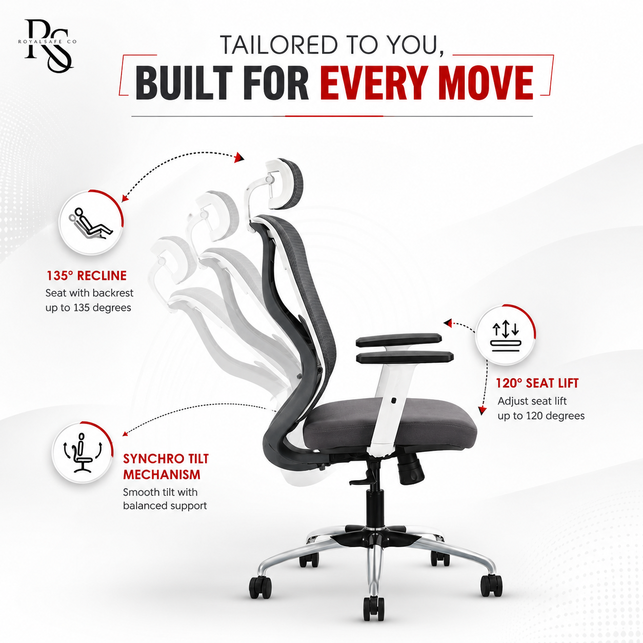 Royal Safe Co Ergolux High Back Ergonomic Office Chair with Heavy Duty Metal Base Mesh Office Adjustable Arm Chair