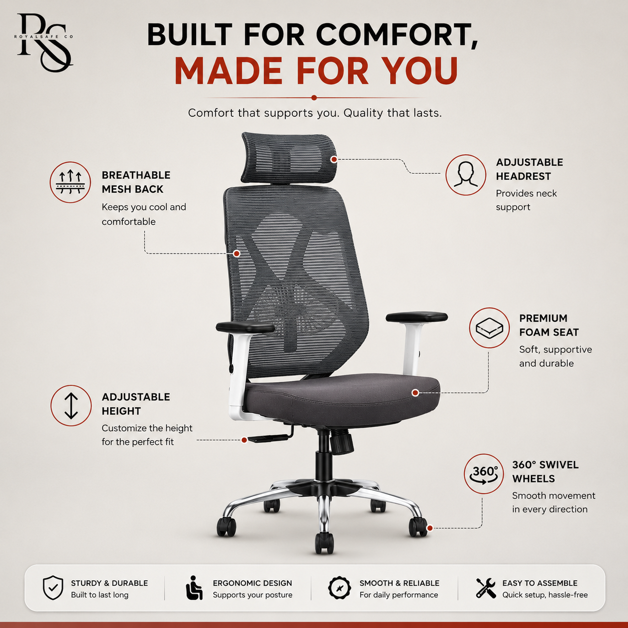 Royal Safe Co Ergolux High Back Ergonomic Office Chair with Heavy Duty Metal Base Mesh Office Adjustable Arm Chair