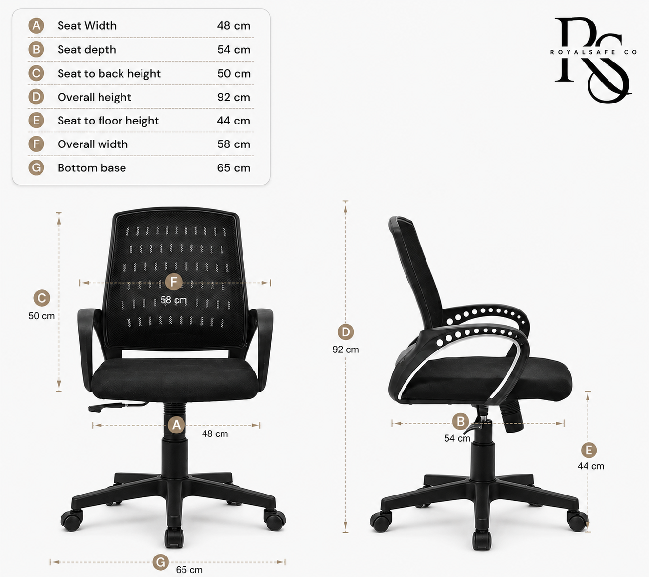Royal Safe Co Office Arm Chair – Fabric Mesh Mid-Back (Black)