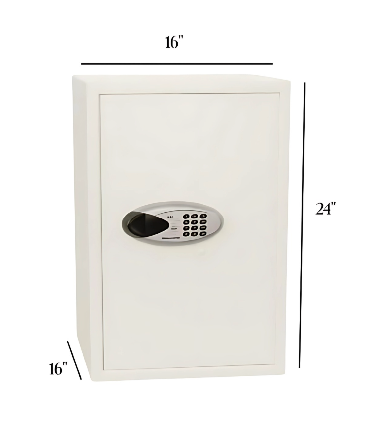 compact white digital safe with keypad lock, 16x24x16 inches dimensions