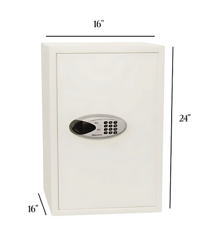 compact white digital safe with keypad lock, 16x24x16 inches dimensions