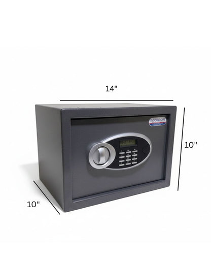 14-inch digital safe with keypad and turn handle in dark gray, shown with dimensions