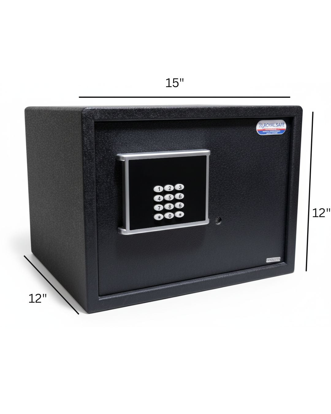Black digital safe with electronic keypad and dimensions 15x12x12 inches from Royal Safe
