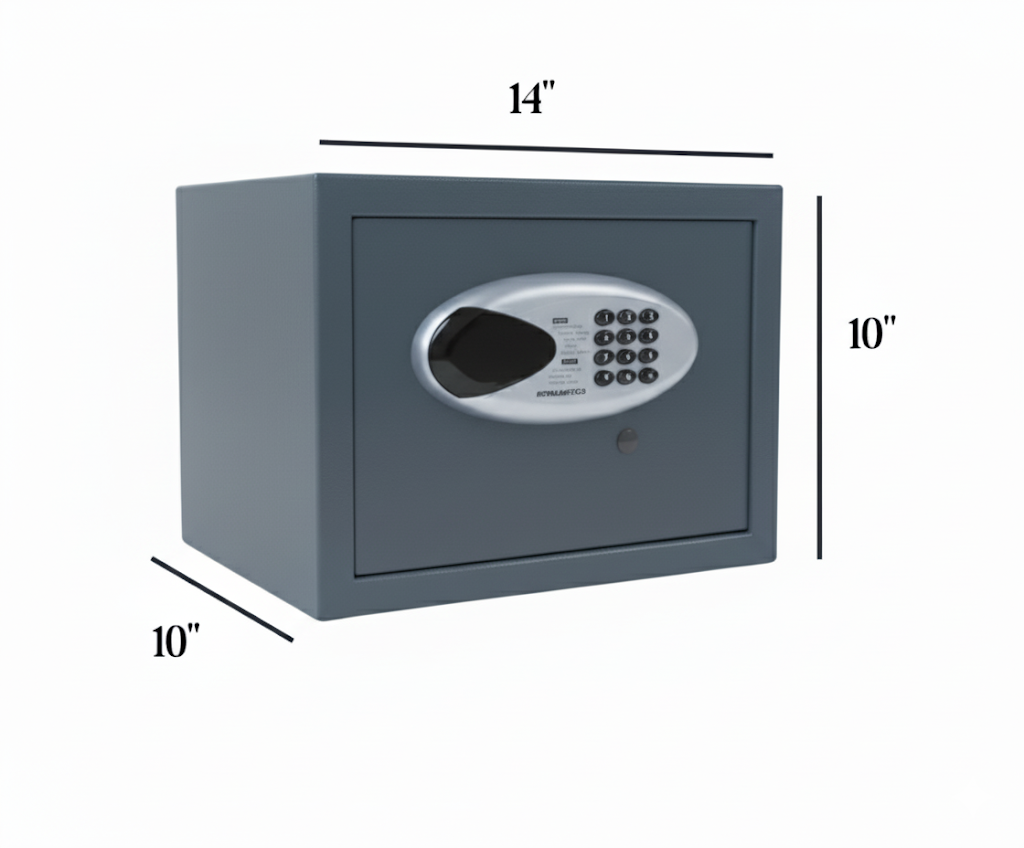 Grey small digital home safe lockbox with keypad, 14x10x10 inches dimensions