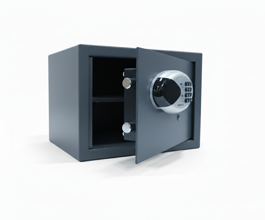 Grey small digital safe locker with open door showing interior shelf on white background