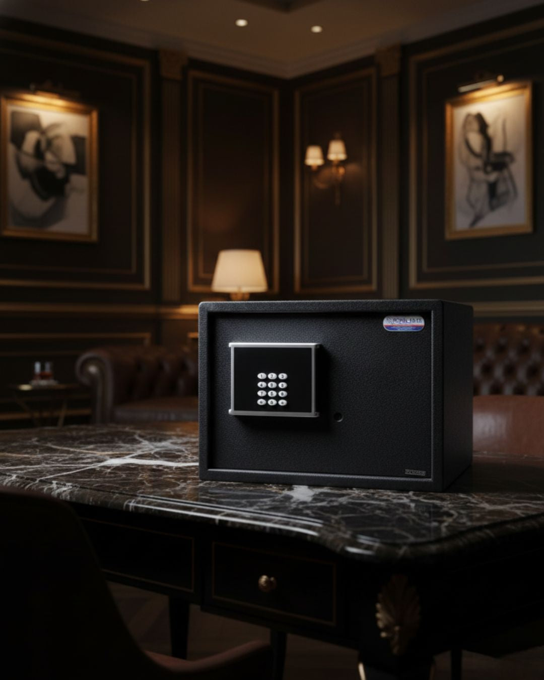 Black digital safe on marble desk in elegant vintage study room with leather chair and framed art