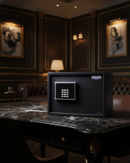 Black digital safe on marble desk in elegant vintage study room with leather chair and framed art