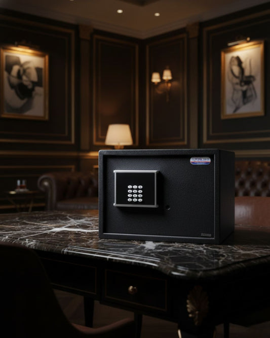 Black digital safe on marble desk in elegant vintage study room with leather chair and framed art