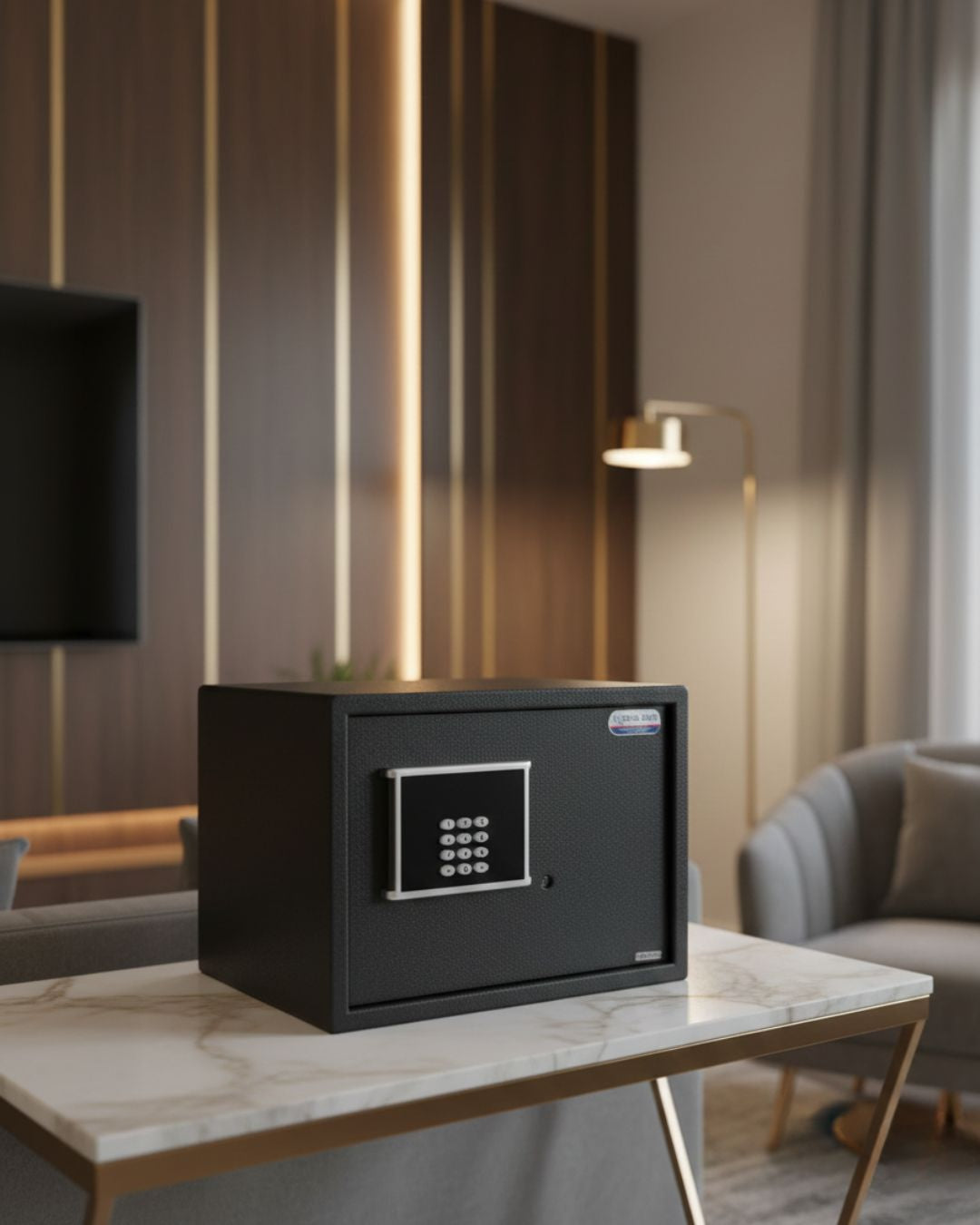 Black digital safe on marble table in modern living room with gray sofa and wooden accent wall