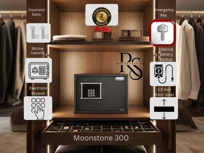 Moonstone 300 digital safe with 35L capacity, electronic keypad, 1.0mm steel, emergency key, battery backup