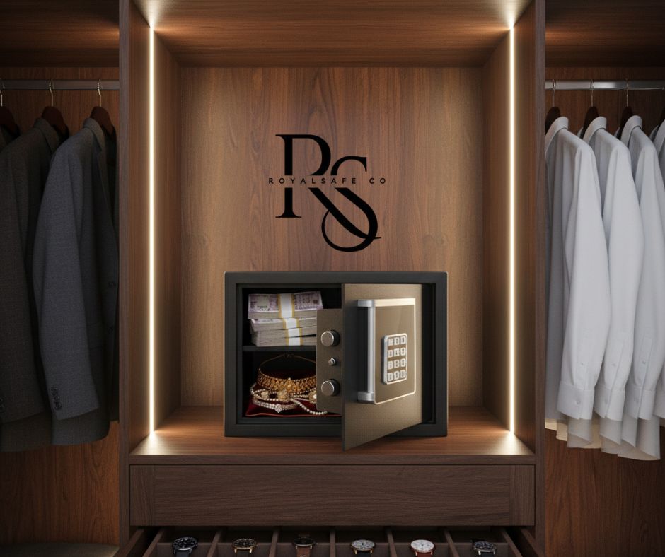 Open safe inside wooden wardrobe with cash, gold jewelry, suits, white shirts, and wristwatches