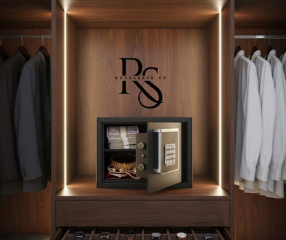 Open safe inside wooden wardrobe with cash, gold jewelry, suits, white shirts, and wristwatches