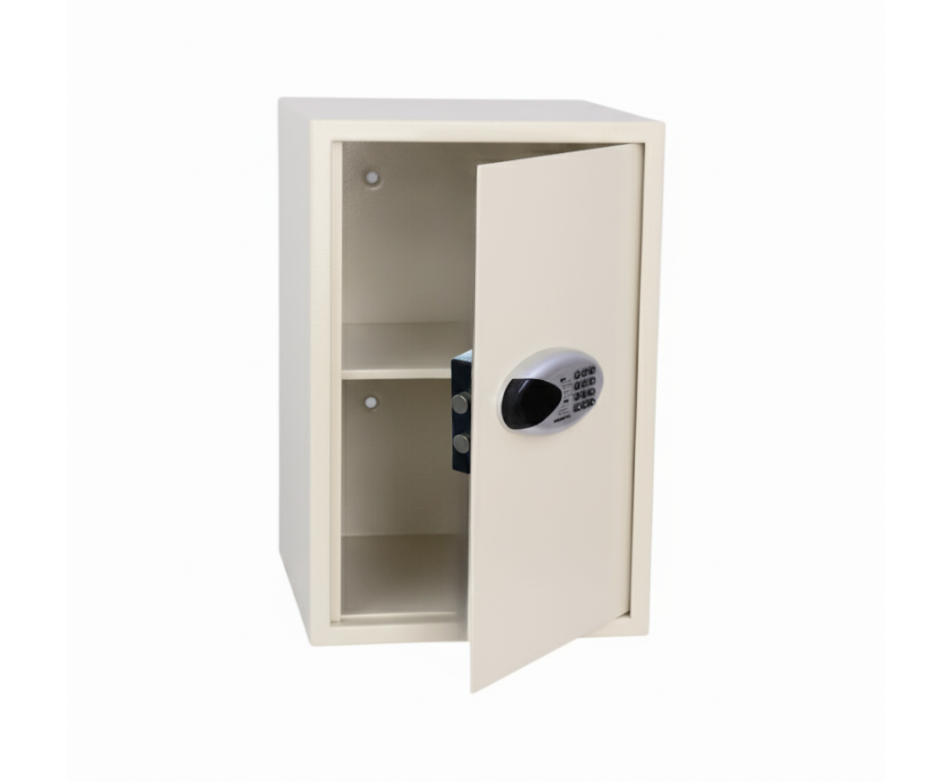 Open beige electronic safe with keypad and two interior shelves on white background