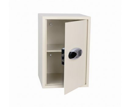 Open beige electronic safe with keypad and two interior shelves on white background