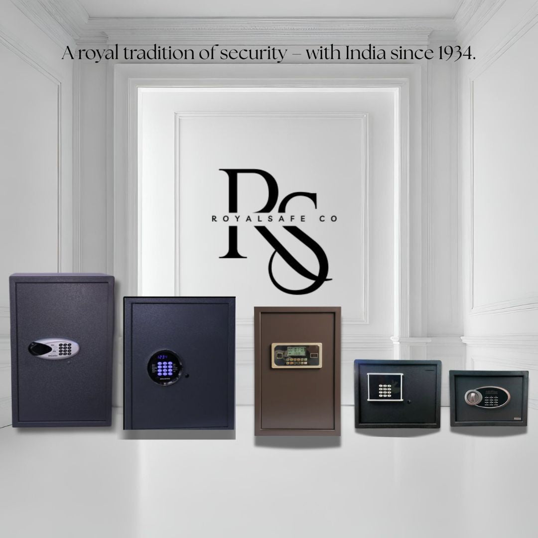 Five digital safes of different sizes and colors against white wall with Royalsafe Co logo and security slogan