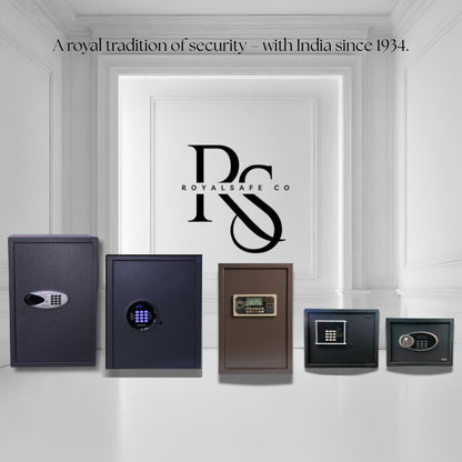 Five digital safes of different sizes and colors against white wall with Royalsafe Co logo and security slogan