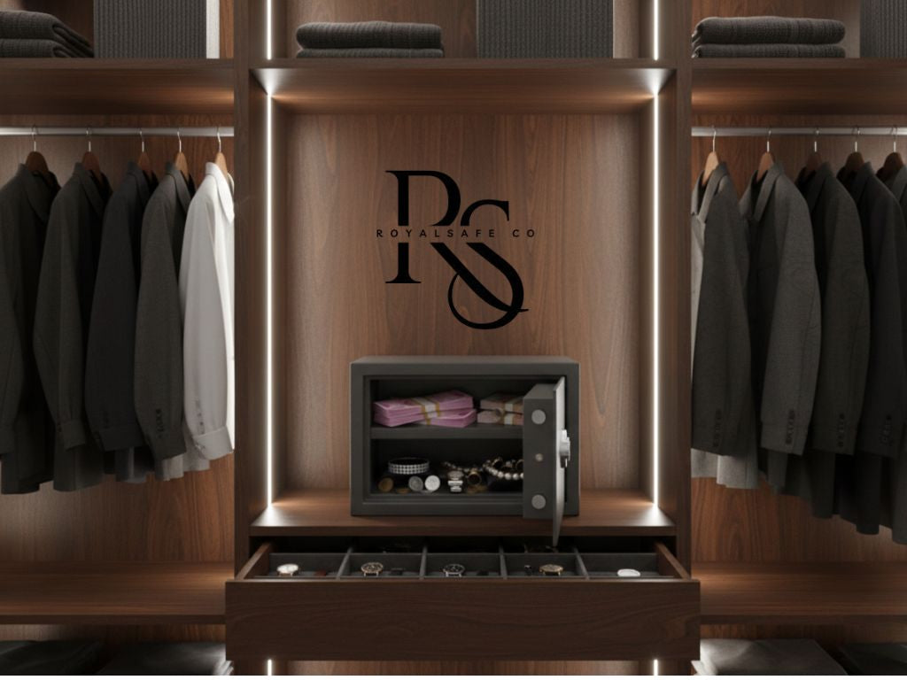 Open digital safe with cash and jewelry inside a modern wooden wardrobe with hanging suits and watches