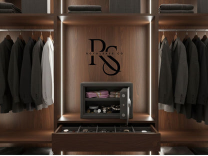 Open digital safe with cash and jewelry inside a modern wooden wardrobe with hanging suits and watches