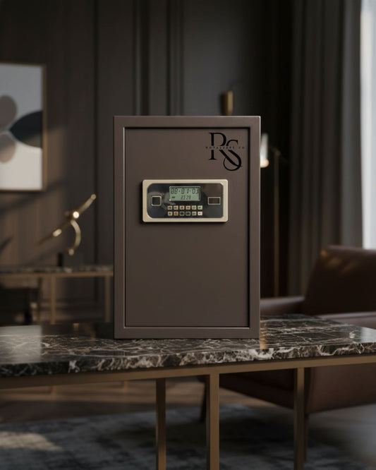 Modern digital safe on marble table in stylish living room with muted décor